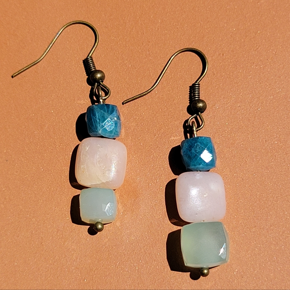 Apatite, Rose Quartz, Aqua Chalcedony Bronze Tone Dangle Earrings - Picture 7 of 7